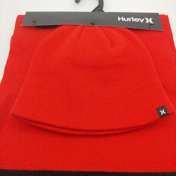 NEW Hurley Men's New Yorker Beanie & Scarf 2 Piece Set Red White Stripe OS - Picture 4 of 7